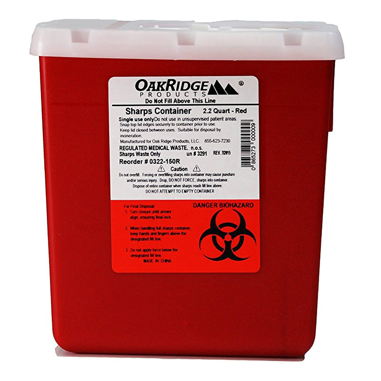Sharps Container OakRidge Translucent Red Base 6-1/3 L X 4-2/3 W X 6-1/3 H Inch Vertical Entry 0.55 Gallon