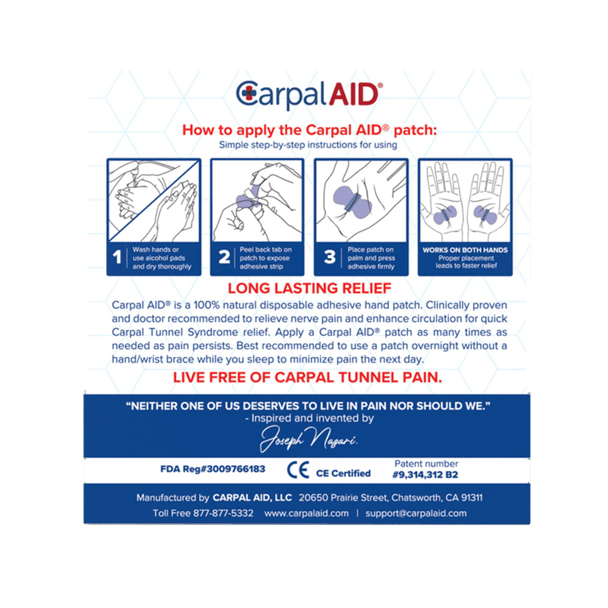 Hand-Based Carpal Tunnel Support Carpal AID Patch Plastic Left or Right Hand Clear Small
