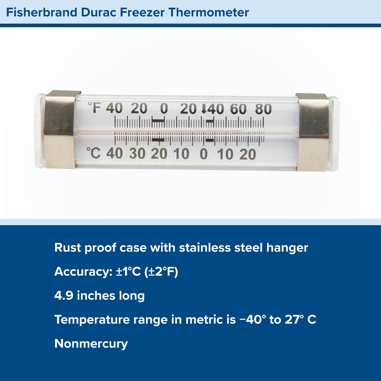 Refrigerator / Freezer Thermometer Fisherbrand Durac Fahrenheit / Celsius -40 to +80F (-40 to +25C) Without External Probe Wall Mount Does Not Require Power
