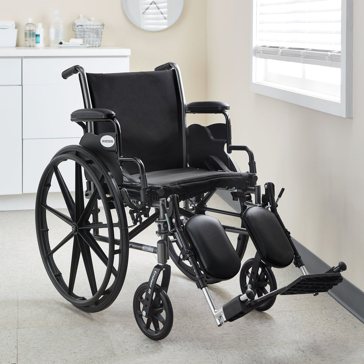 Wheelchair McKesson Dual Axle Desk Length Arm Swing-Away Footrest Black Upholstery 20 Inch Seat Width Adult 350 lbs. Weight Capacity