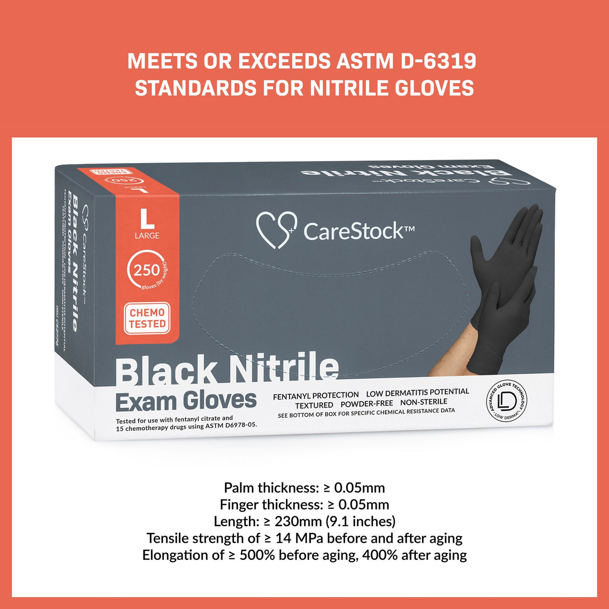 Exam Glove CareStock Large NonSterile Nitrile Standard Cuff Length Fully Textured Black Not Rated