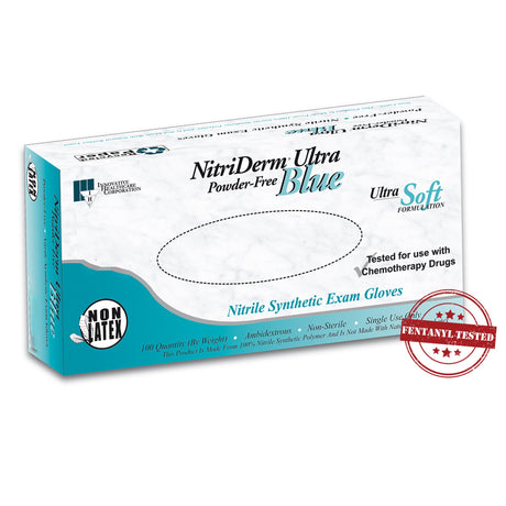 Exam Glove NitriDerm Ultra Blue Small NonSterile Nitrile Standard Cuff Length Fully Textured Light Blue Chemo Tested / Fentanyl Tested
