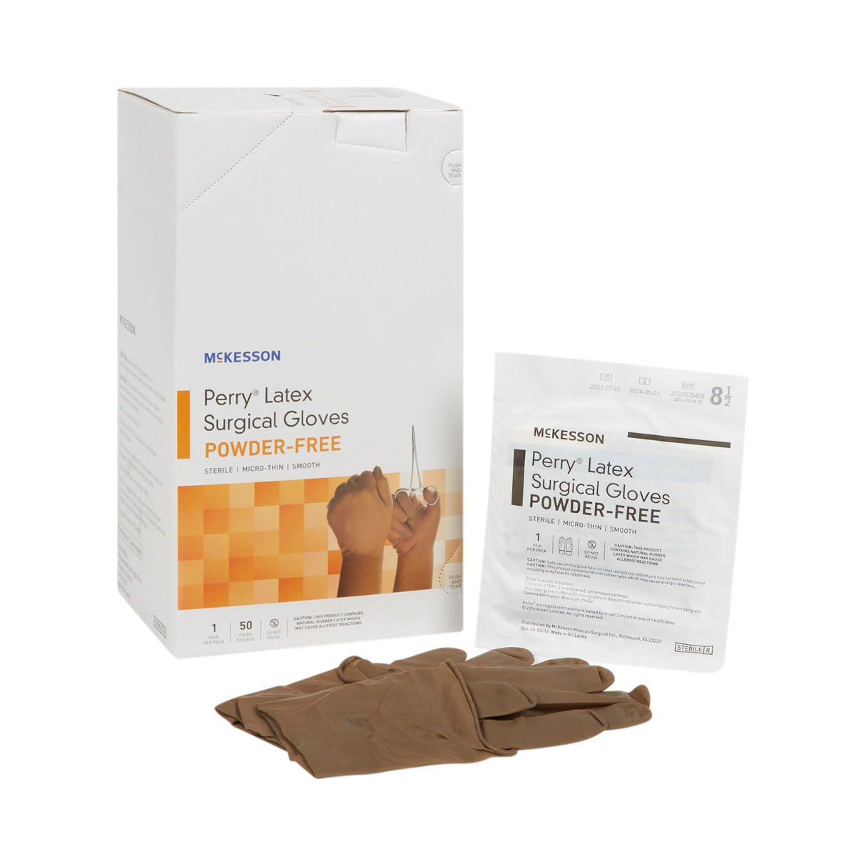 Surgical Glove McKesson Perry Size 8.5 Sterile Latex Standard Cuff Length Smooth Brown Not Chemo Approved