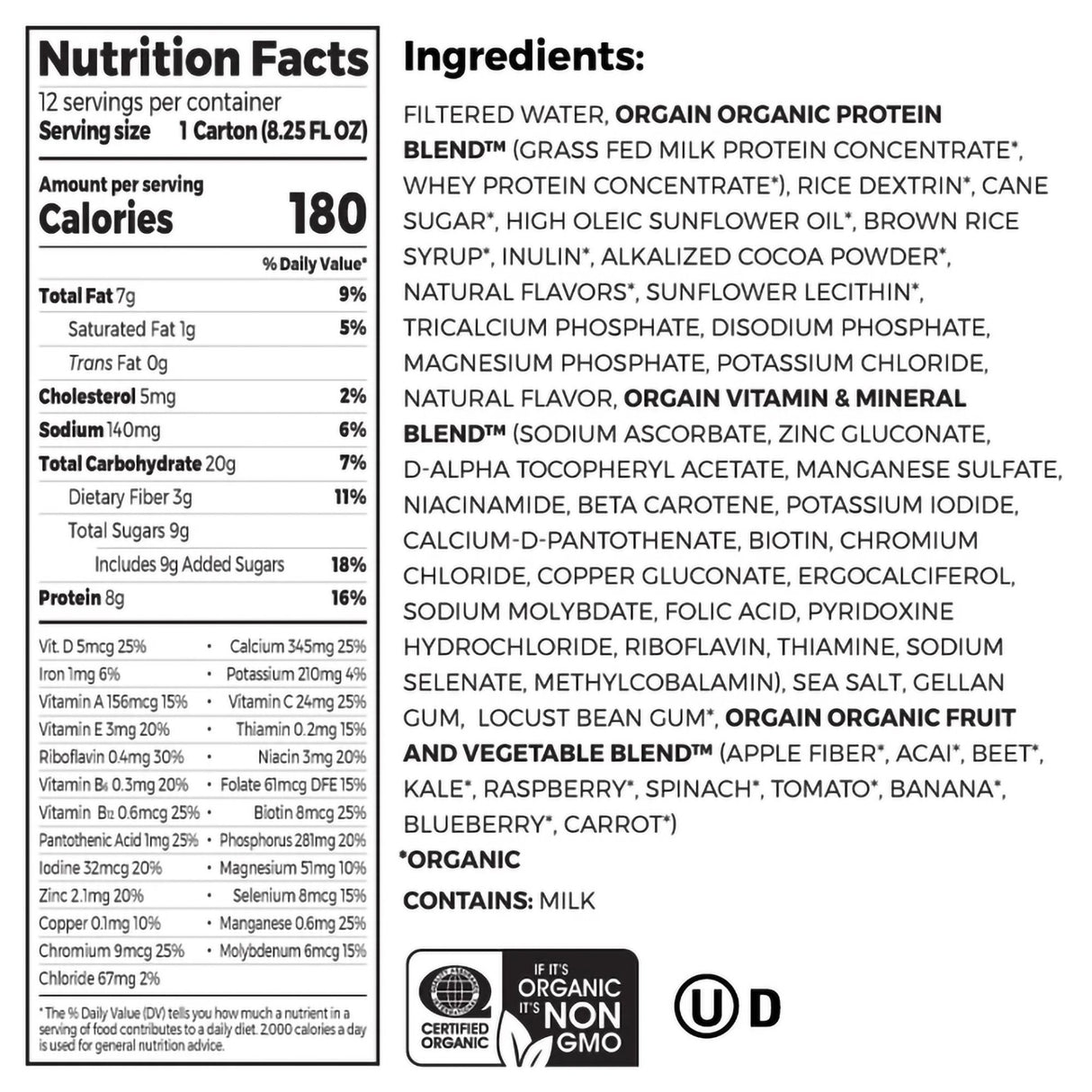 Pediatric Oral Supplement Orgain Kids Protein Organic Nutritional Shake Chocolate Flavor 8.25 oz. Carton Liquid Organic