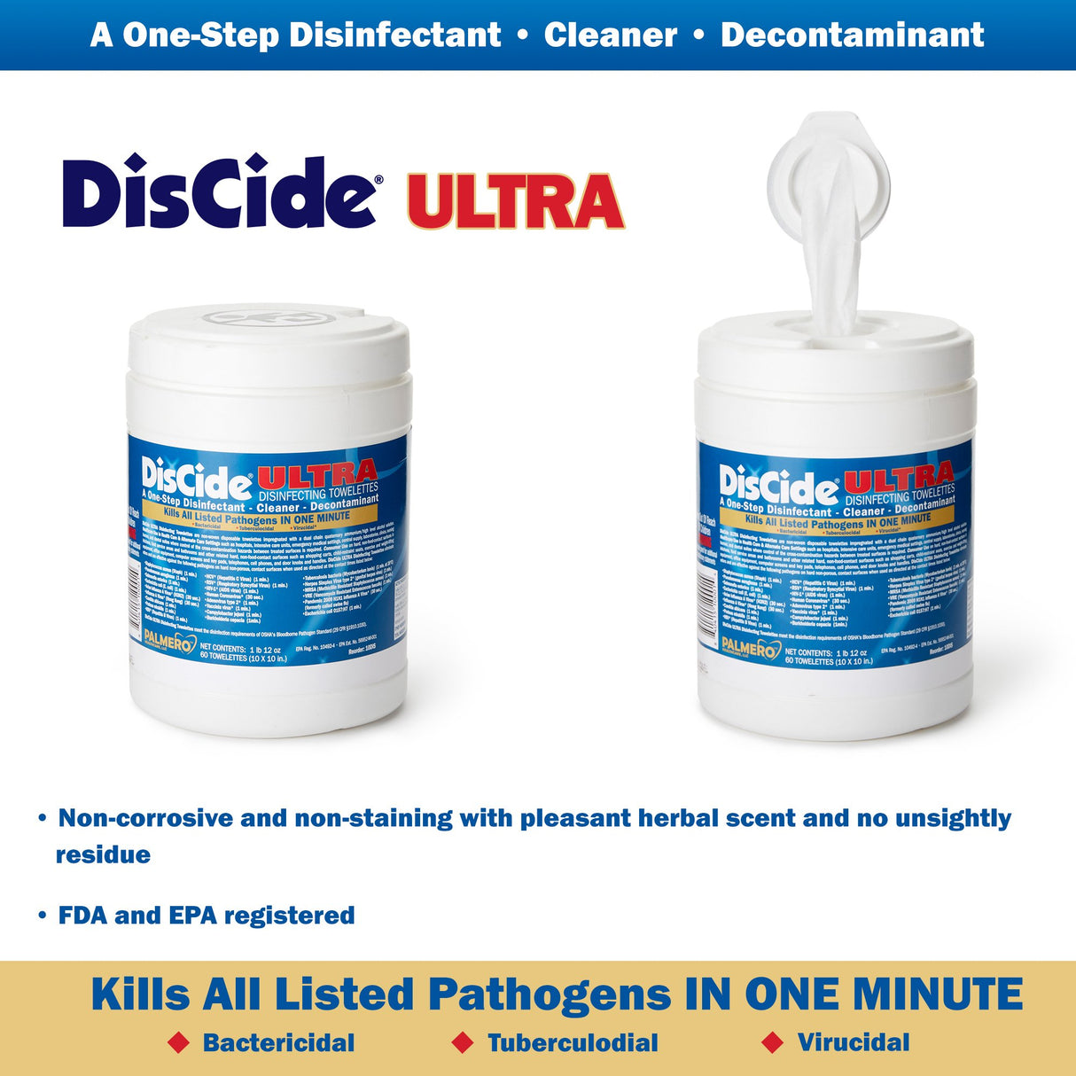 DisCide Ultra Surface Disinfectant Cleaner Premoistened Quaternary Based Manual Pull Wipe 60 Count Canister Herbal Scent NonSterile