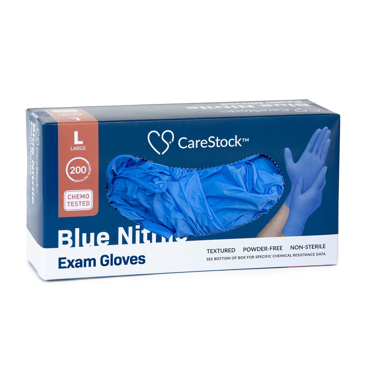 Exam Glove CareStock Large NonSterile Nitrile Standard Cuff Length Textured Fingertips Blue Chemo Tested