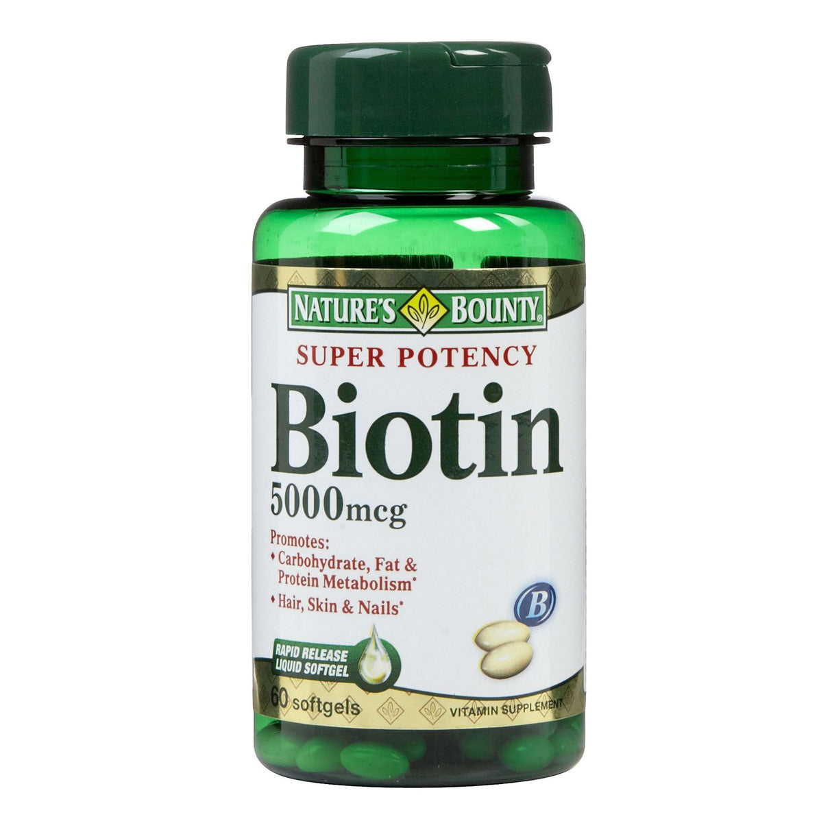 Biotin Supplement Nature's Bounty Vitamin B7 5,000 mcg Strength Softgel 72 per Bottle