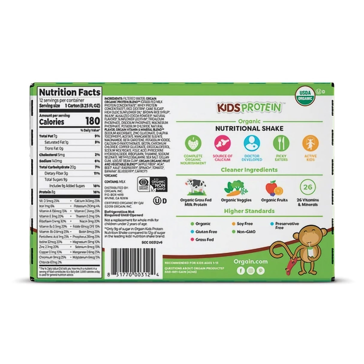 Pediatric Oral Supplement Orgain Kids Protein Organic Nutritional Shake Chocolate Flavor 8.25 oz. Carton Liquid Organic
