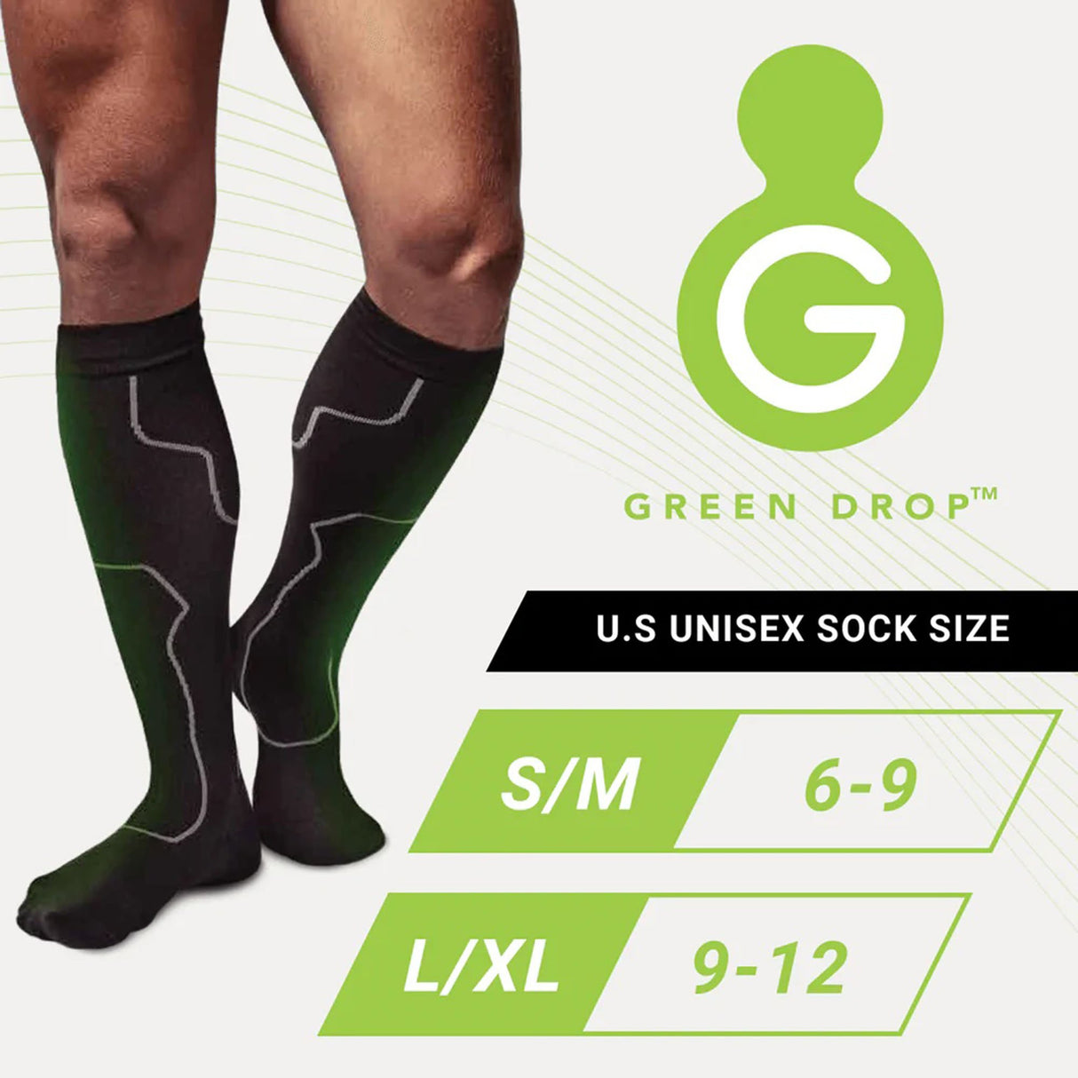 Compression Socks Green Drop Knee High Large / X-Large Black Closed Toe
