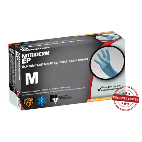 Exam Glove NitriDerm EP Medium NonSterile Nitrile Extended Cuff Length Fully Textured Blue Chemo Tested / Fentanyl Tested