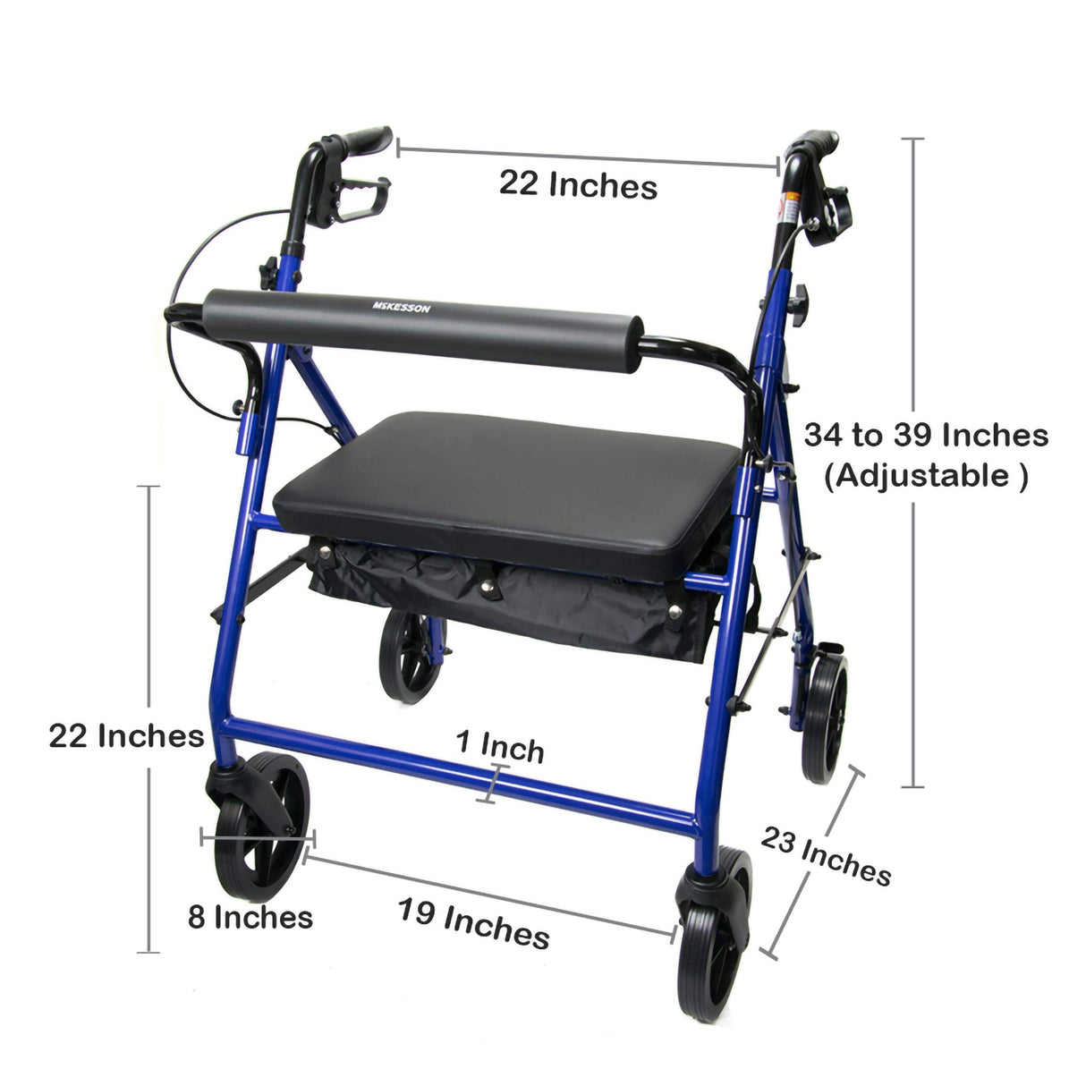 Bariatric 4 Wheel Rollator McKesson Blue Adjustable Height / Heavy Duty / Folding Steel Frame
