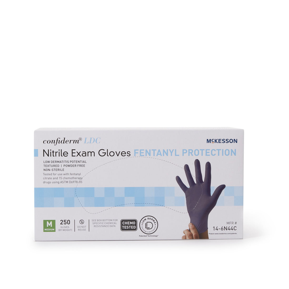 Exam Glove McKesson Confiderm LDC Medium NonSterile Nitrile Standard Cuff Length Fully Textured Blue Chemo Tested / Fentanyl Tested