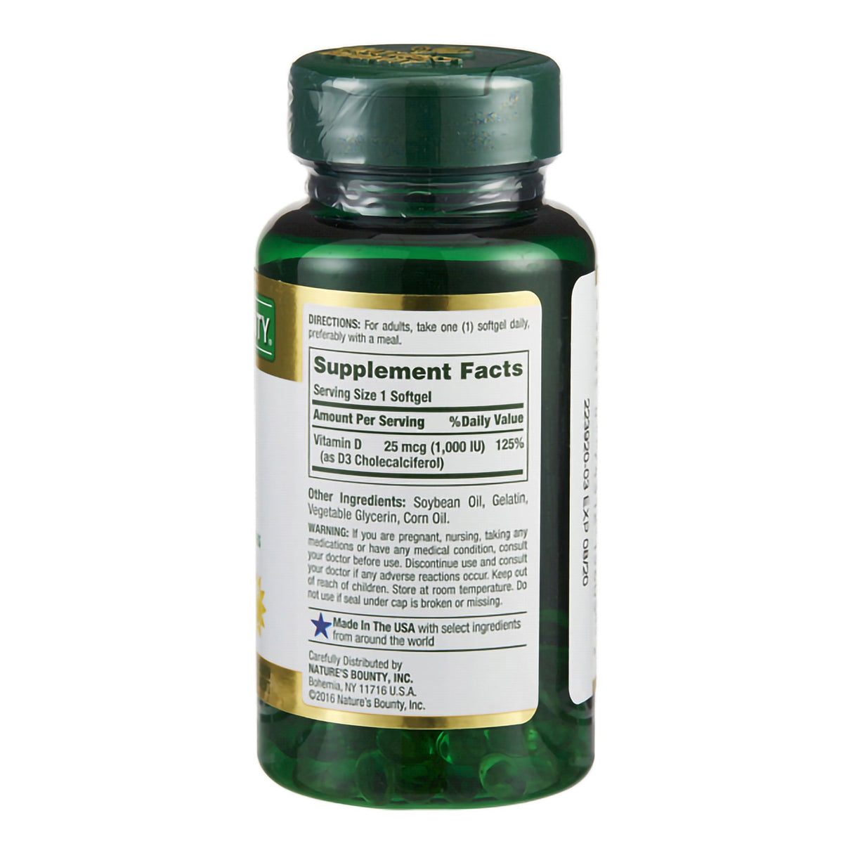 Vitamin Supplement Nature's Bounty Vitamin D 1,000 IU Strength Softgel 100 per Bottle