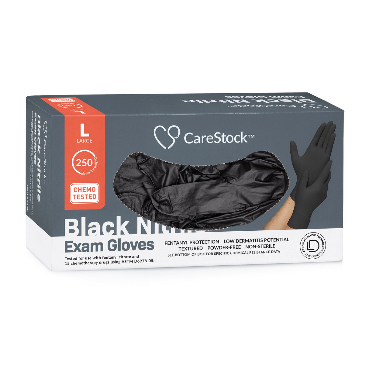 Exam Glove CareStock Large NonSterile Nitrile Standard Cuff Length Fully Textured Black Not Rated