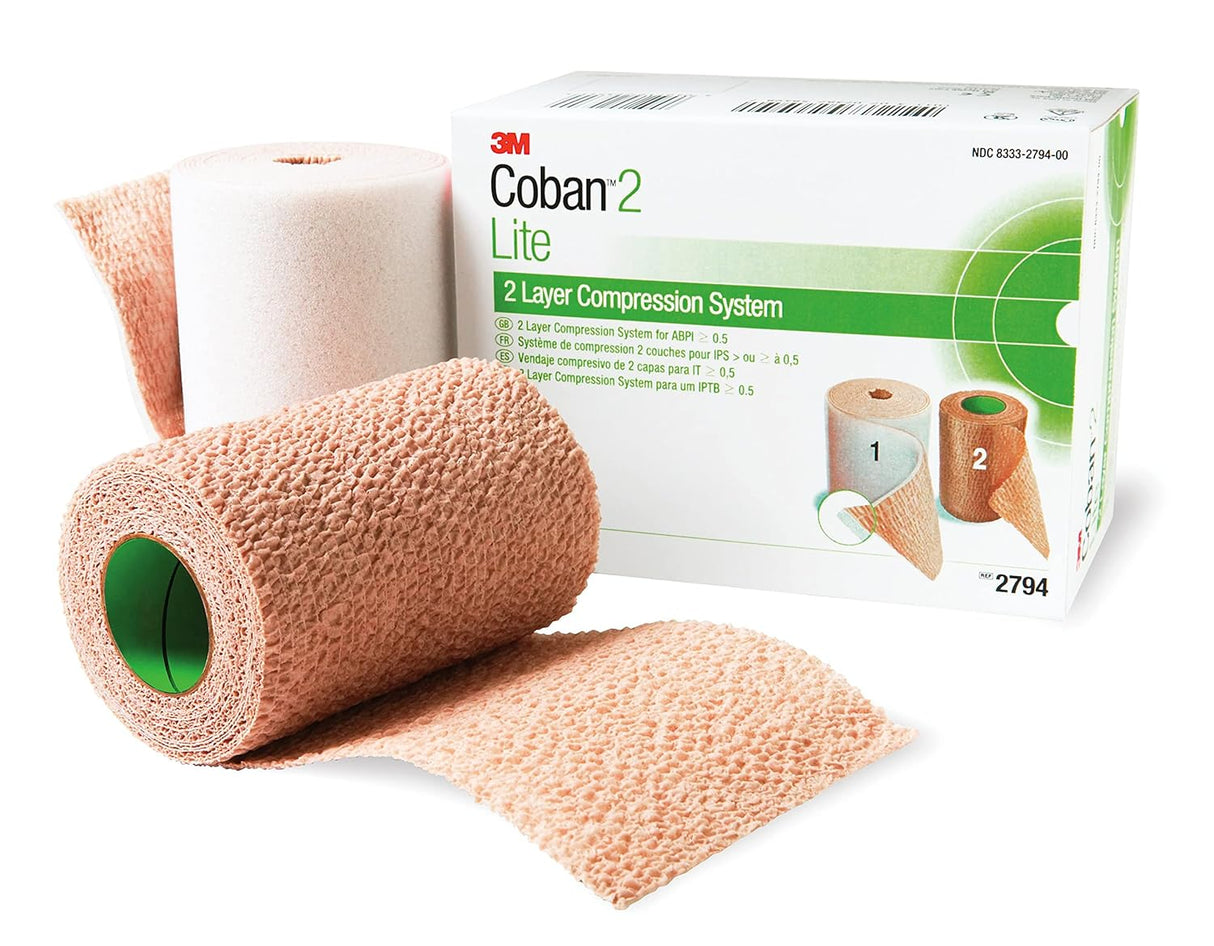 (2 rollos) Sistema de compresión ligero de 2 capas Coban, 4 pulgadas x 2,9 yardas, 3 pulgadas x 3,5 yardas, sin estirar, sin látex