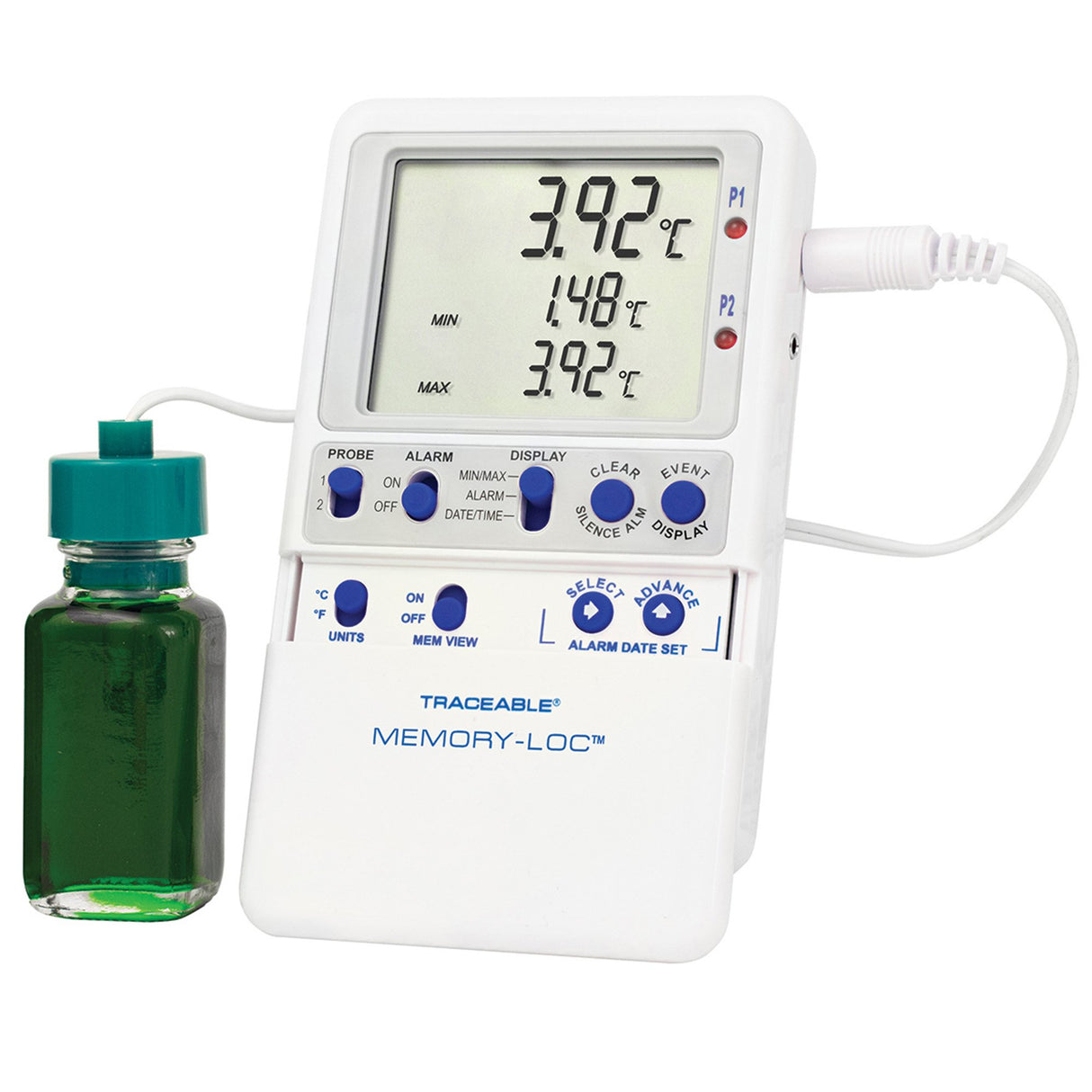 Refrigerator / Freezer Temperature Data Logger with Alarm Traceable Memory-Loc Fahrenheit / Celsius -58 to +158F (-50 to +70C) Glycol Bottle Probe Multiple Mounting Options Battery Operated