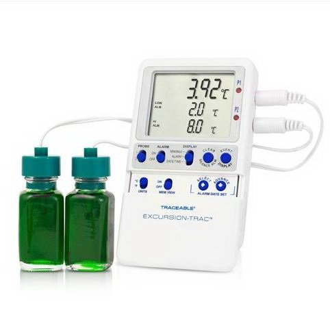 Datalogging Refrigerator / Freezer Thermometer with Alarm Traceable Excursion-Trac Fahrenheit / Celsius -58 to +158F (-50 to +70C) 2 Glycol Bottle Probes Multiple Mounting Options Battery Operated