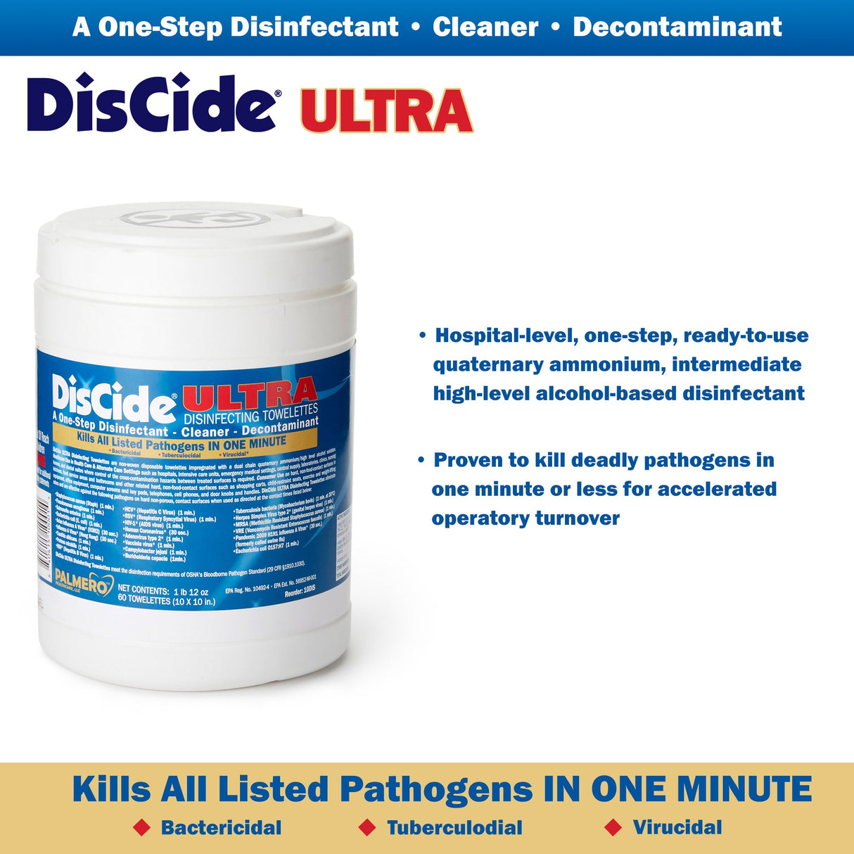 DisCide Ultra Surface Disinfectant Cleaner Premoistened Quaternary Based Manual Pull Wipe 60 Count Canister Herbal Scent NonSterile