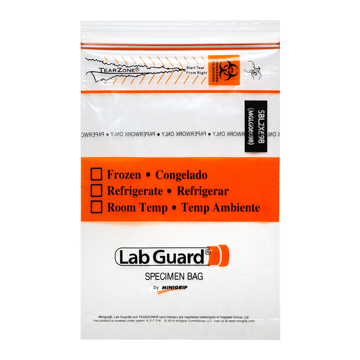Specimen Transport Bag with Document Pouch Lab Guard TearZone 6 X 9 Inch Zip Closure Biohazard Symbol / Storage Instructions NonSterile