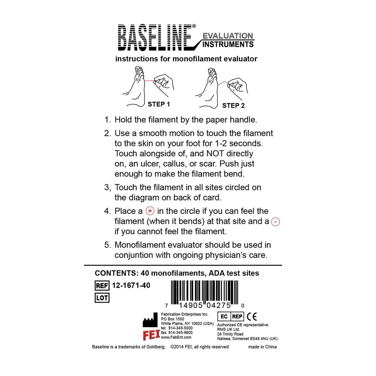 Baseline ADA Monofilament Sensory Test Level 5.07, 10 Gram Force