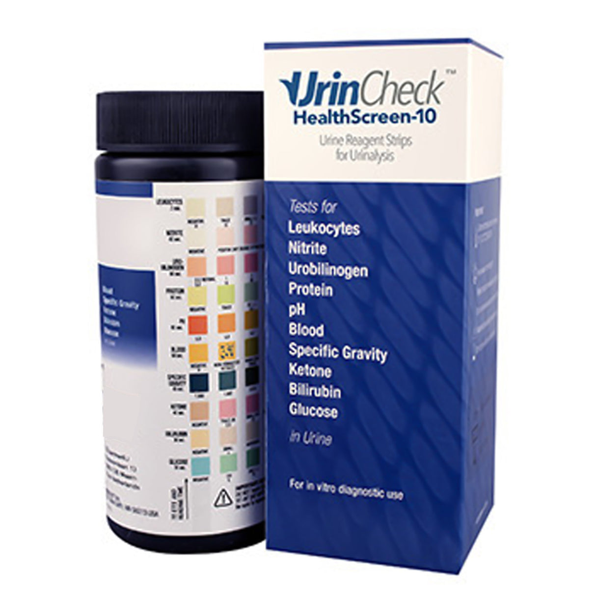Urinalysis Test Kit UrinCheck HealthScreen-10 Bilirubin, Blood, Glucose, Ketone, Leukocytes, Nitrite, pH, Protein, Specific Gravity, Urobilinogen 100 Tests CLIA Waived