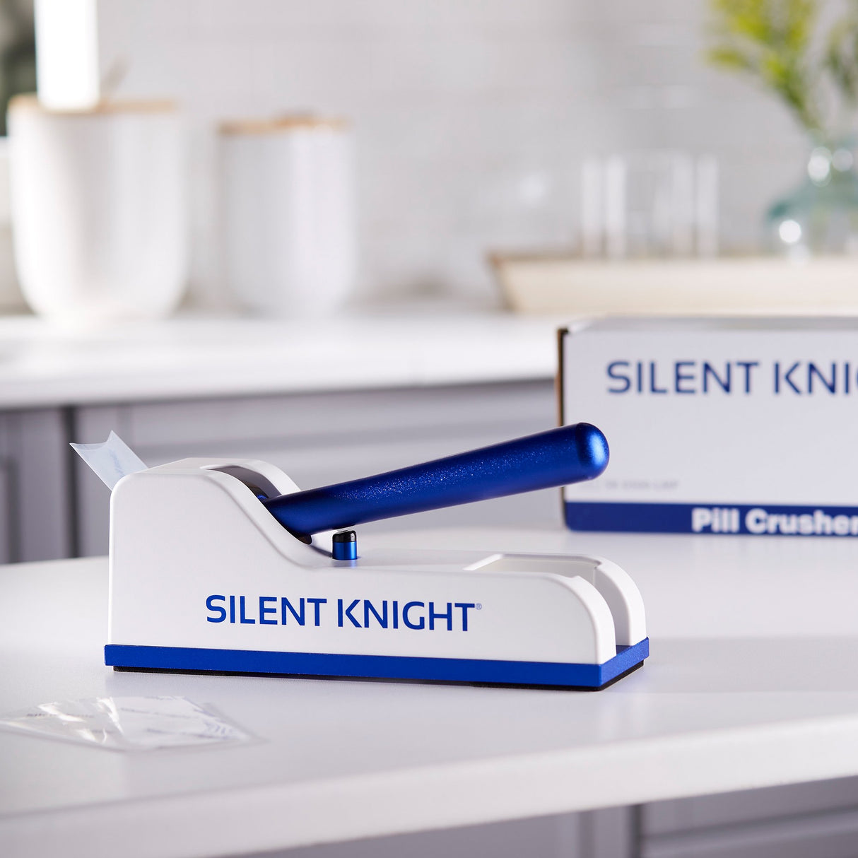Pill Crusher Silent Knight Hand Operated Blue / White