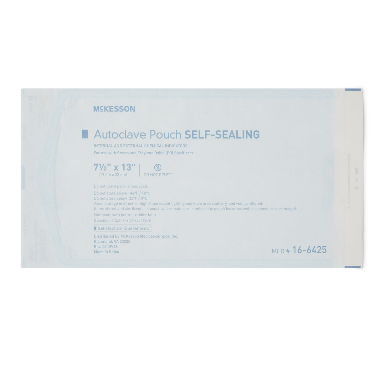 Sterilization Pouch McKesson Ethylene Oxide (EO) Gas / Steam 7-1/2 X 13 Inch Transparent Blue / White Self Seal Paper / Film