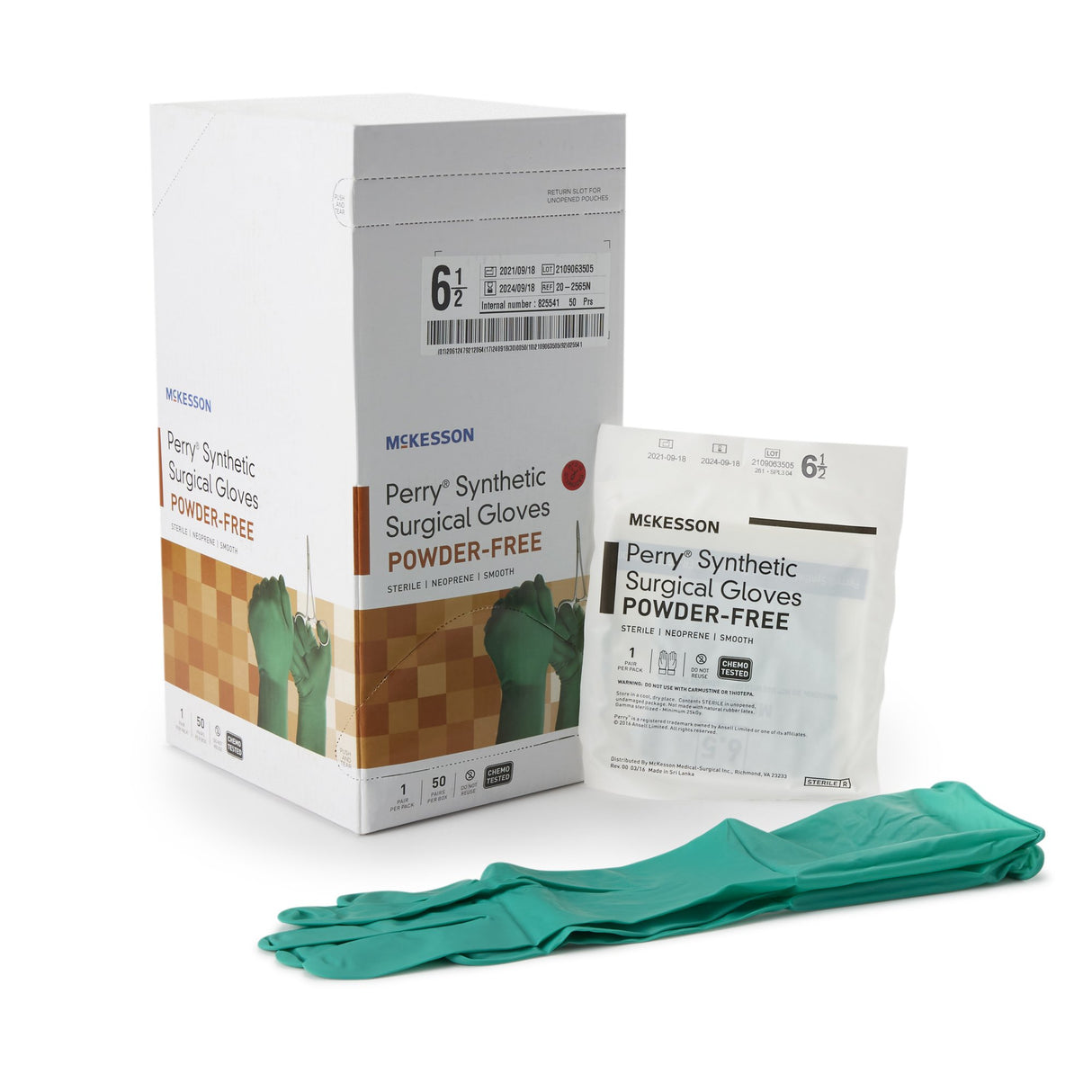 Surgical Glove McKesson Perry Performance Plus Size 6.5 Sterile Polychloroprene Standard Cuff Length Smooth Dark Green Chemo Tested