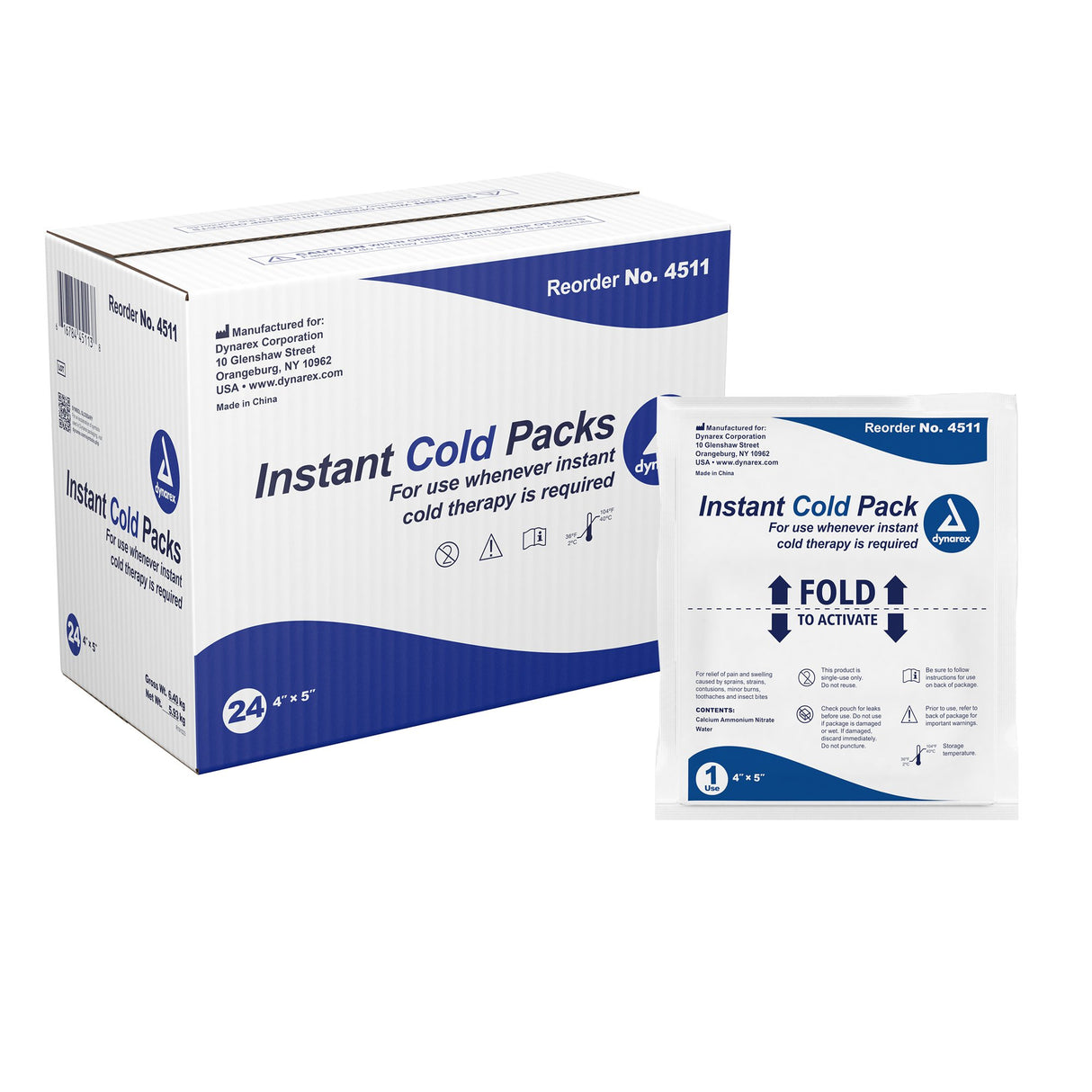 Instant Cold Pack Dynarex General Purpose One Size Fits Most 4 X 5 Inch Plastic / Calcium Ammonium Nitrate / Water Disposable