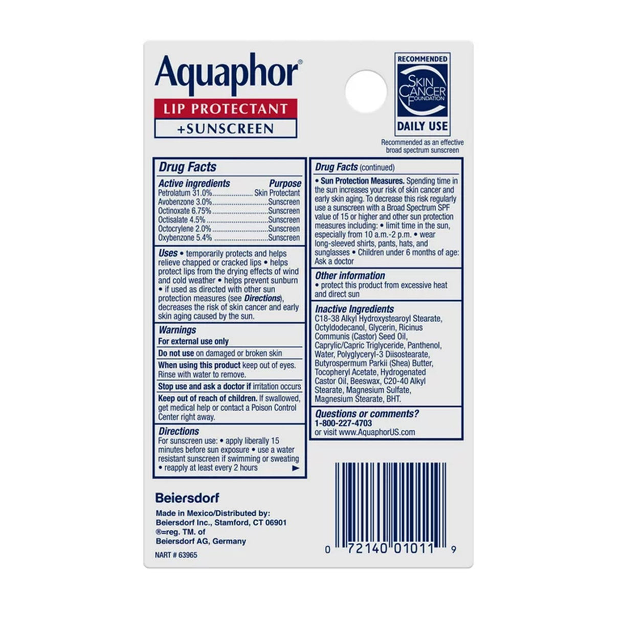 Lip Balm Aquaphor Lip Protectant + Sunscreen .35 oz. Tube
