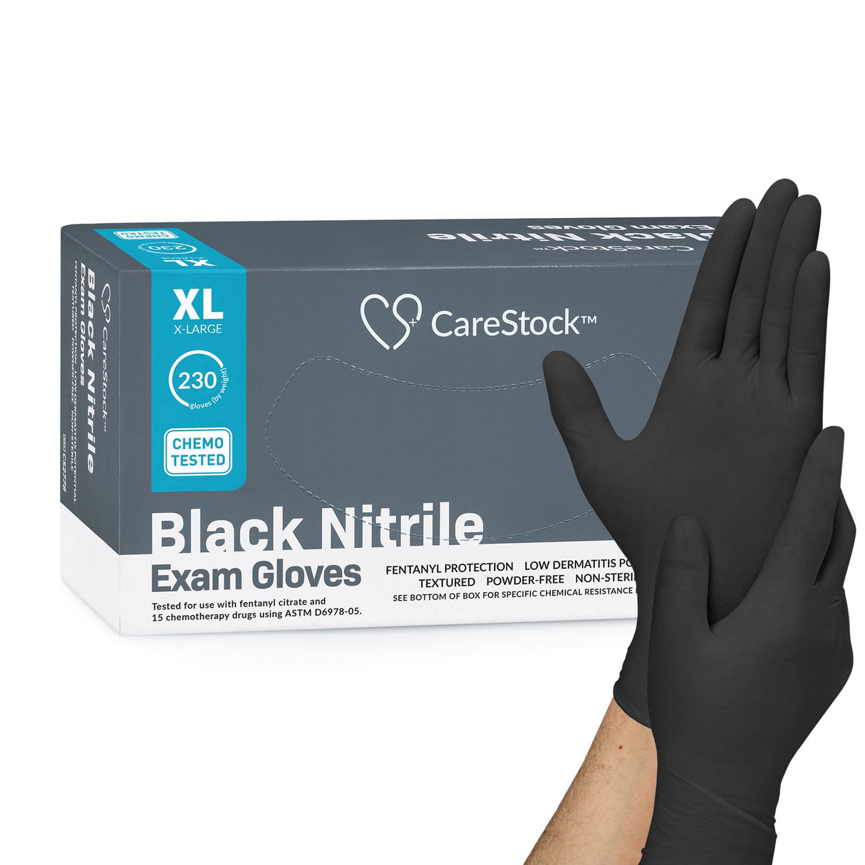 Exam Glove CareStock X-Large NonSterile Nitrile Standard Cuff Length Fully Textured Black Not Rated