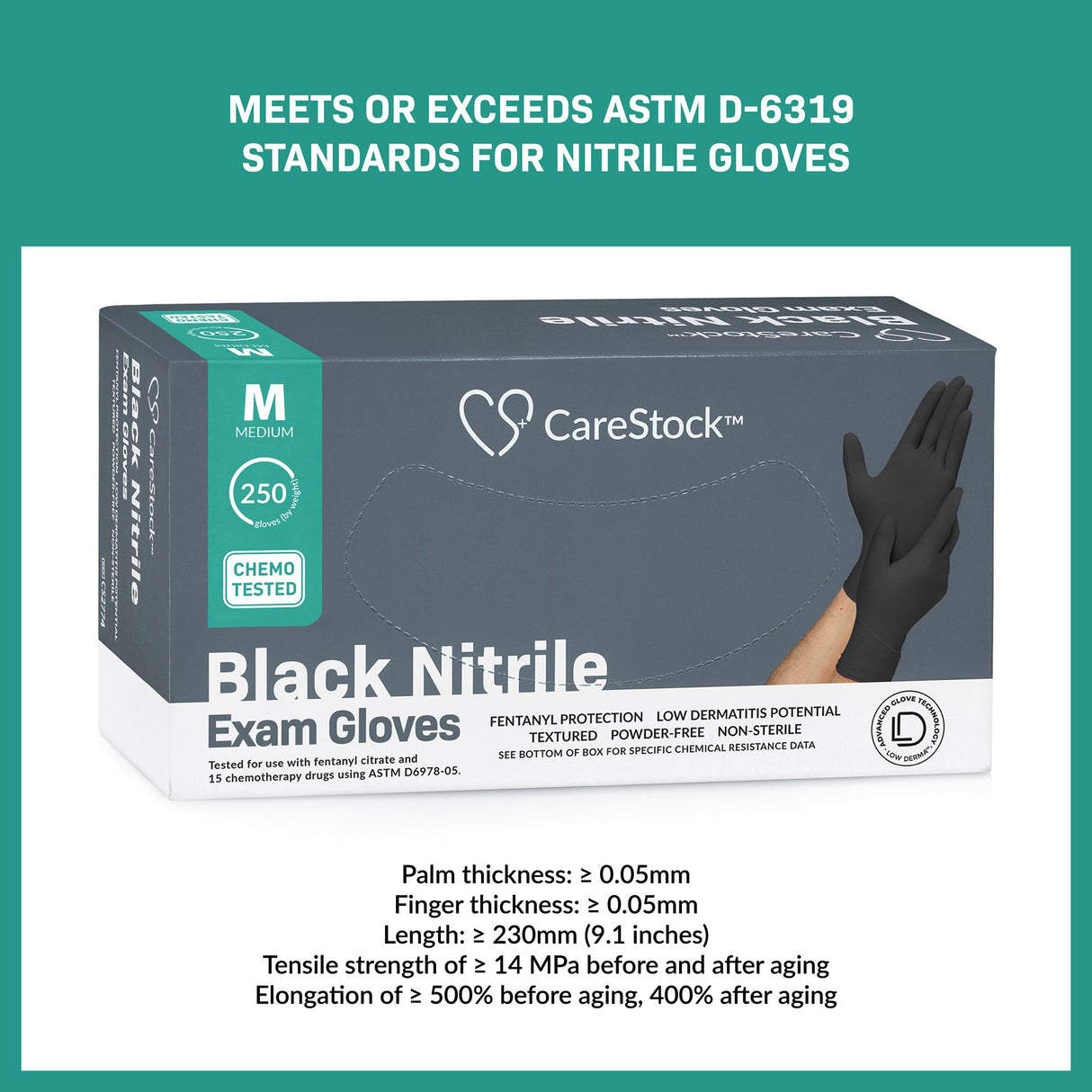 Exam Glove CareStock Medium NonSterile Nitrile Standard Cuff Length Fully Textured Black Not Rated