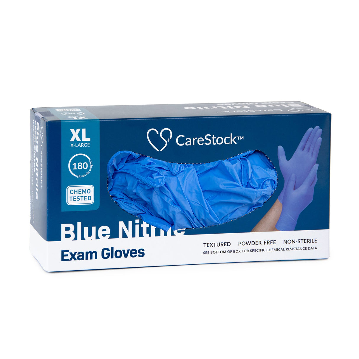 Exam Glove CareStock X-Large NonSterile Nitrile Standard Cuff Length Textured Fingertips Blue Chemo Tested
