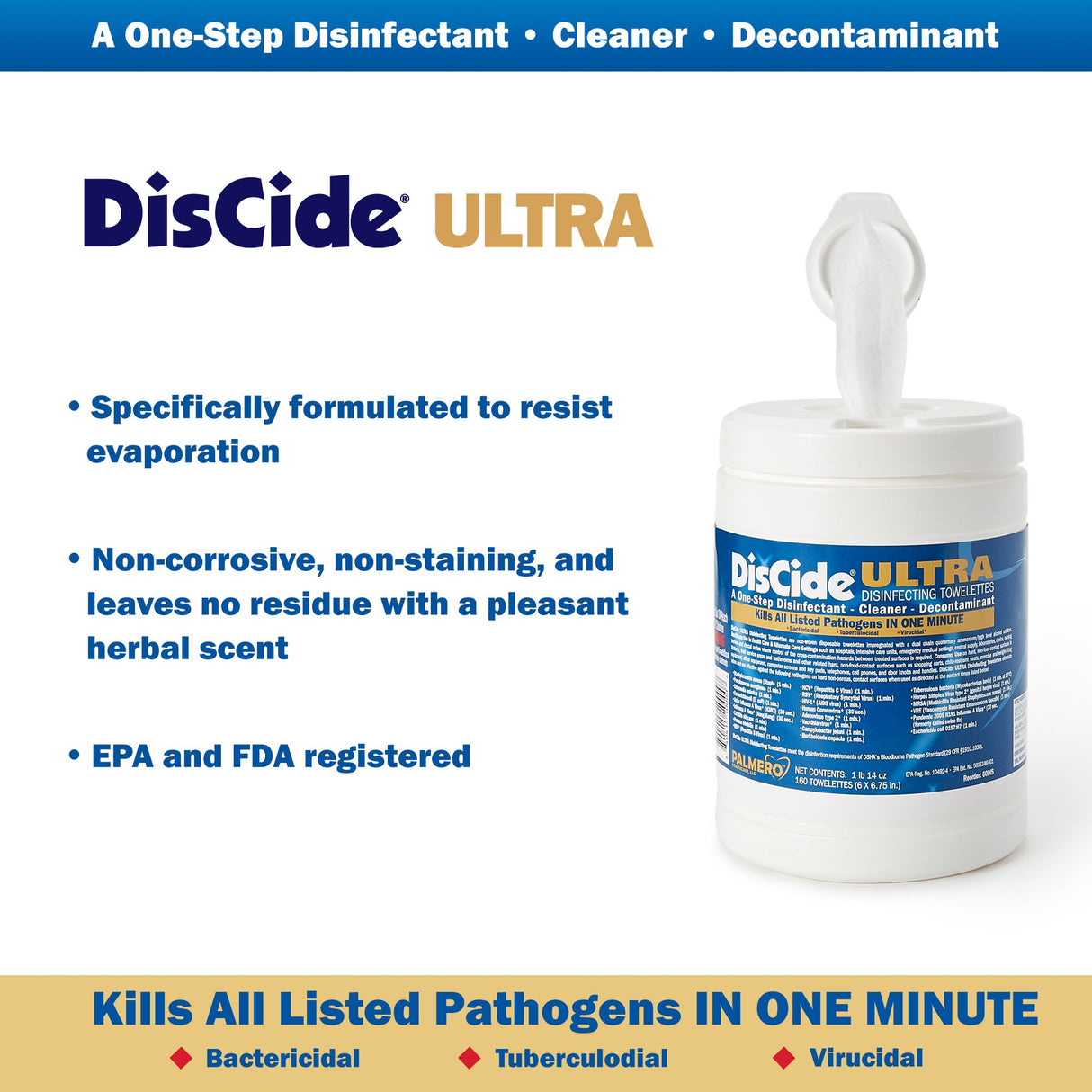 DisCide Ultra Surface Disinfectant Cleaner Premoistened Quaternary Based Manual Pull Wipe 160 Count Canister Herbal Scent NonSterile