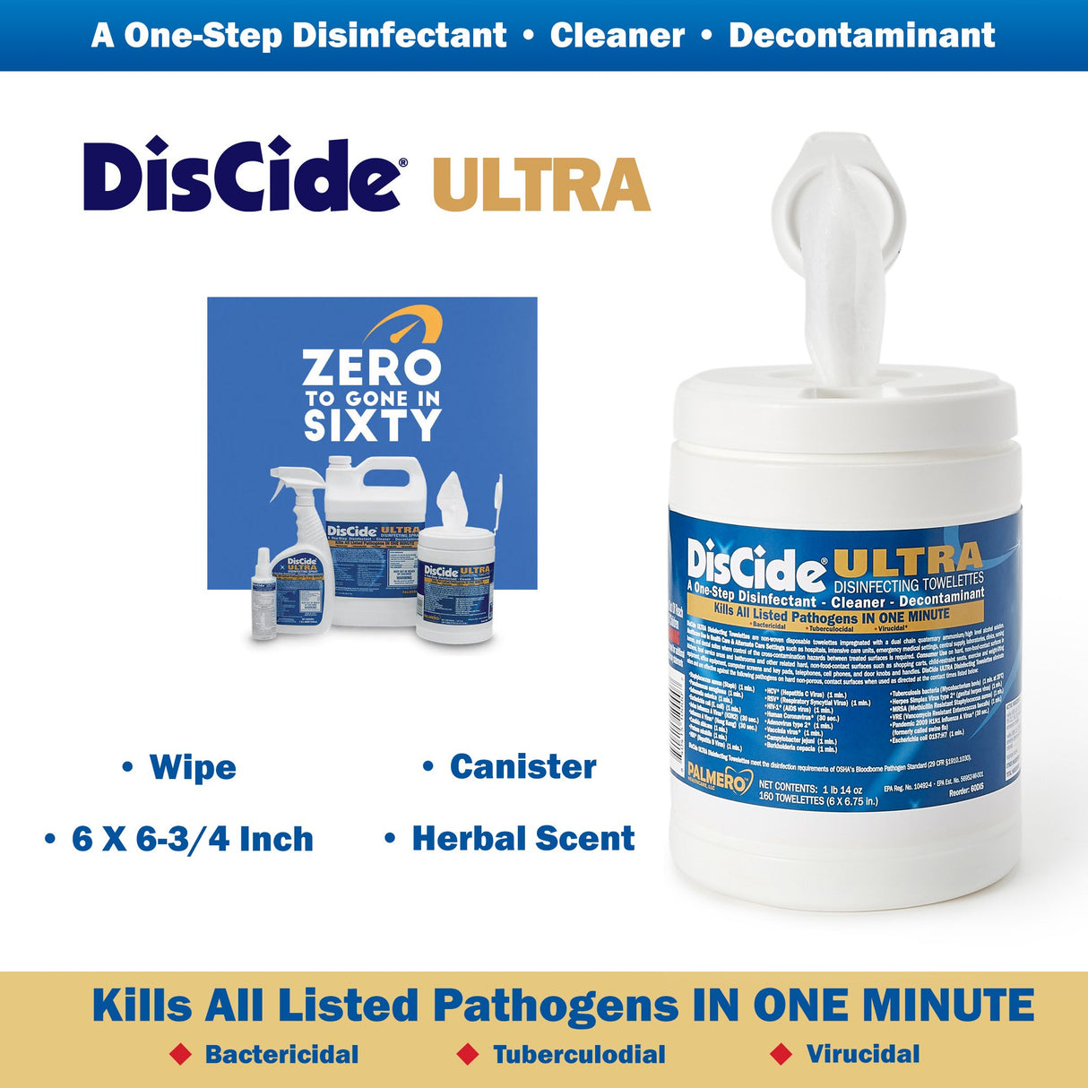 DisCide Ultra Surface Disinfectant Cleaner Premoistened Quaternary Based Manual Pull Wipe 160 Count Canister Herbal Scent NonSterile