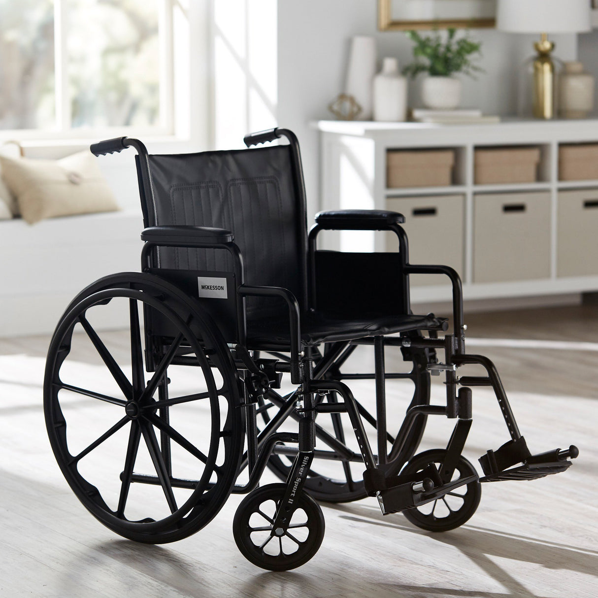 Wheelchair McKesson Dual Axle Desk Length Arm Swing-Away Footrest Black Upholstery 20 Inch Seat Width Adult 350 lbs. Weight Capacity