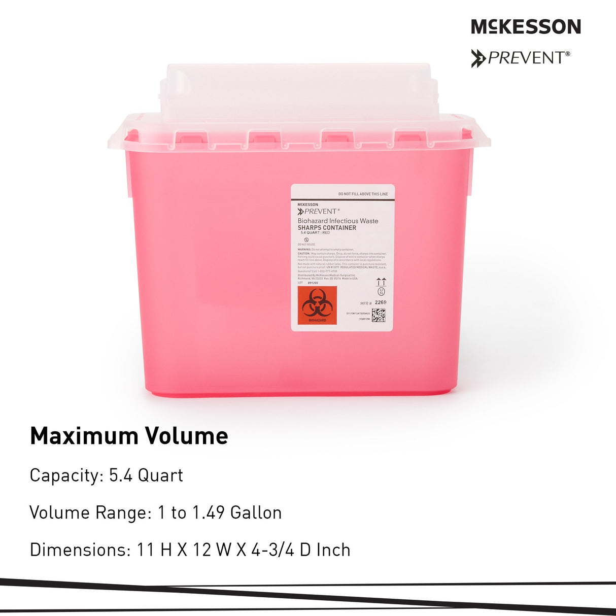 Sharps Container McKesson Prevent Red Base 11 H X 12 W X 4-3/4 D Inch Horizontal Entry 1.35 Gallon