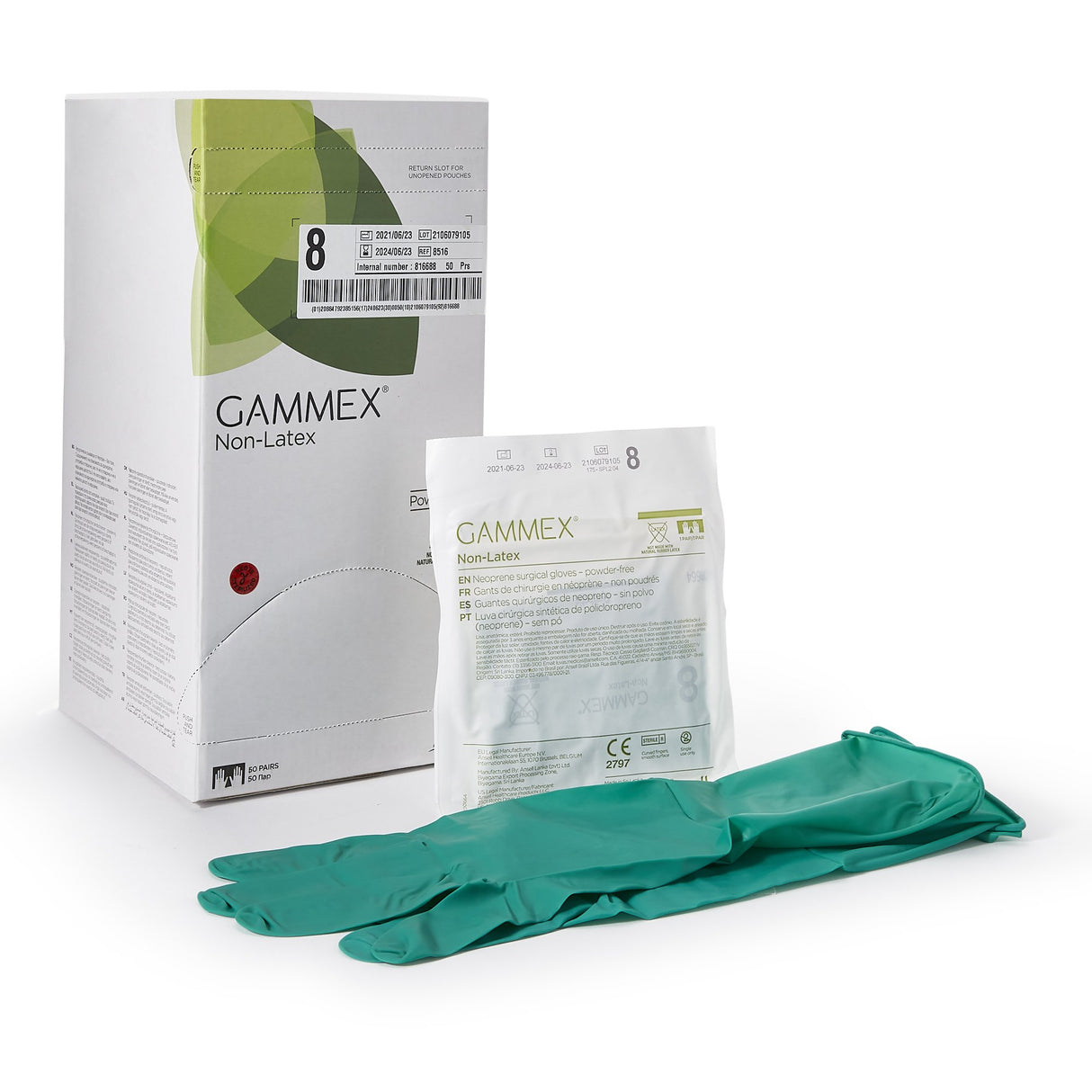 Surgical Glove GAMMEX Non-Latex Size 8 Sterile Polyisoprene Standard Cuff Length Micro-Textured Green Chemo Tested