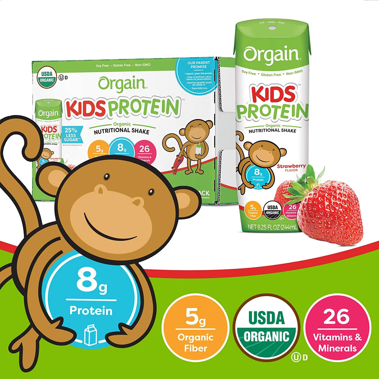 Pediatric Oral Supplement Orgain Kids Protein Organic Nutritional Shake Strawberry Flavor 8.25 oz. Carton Liquid Organic