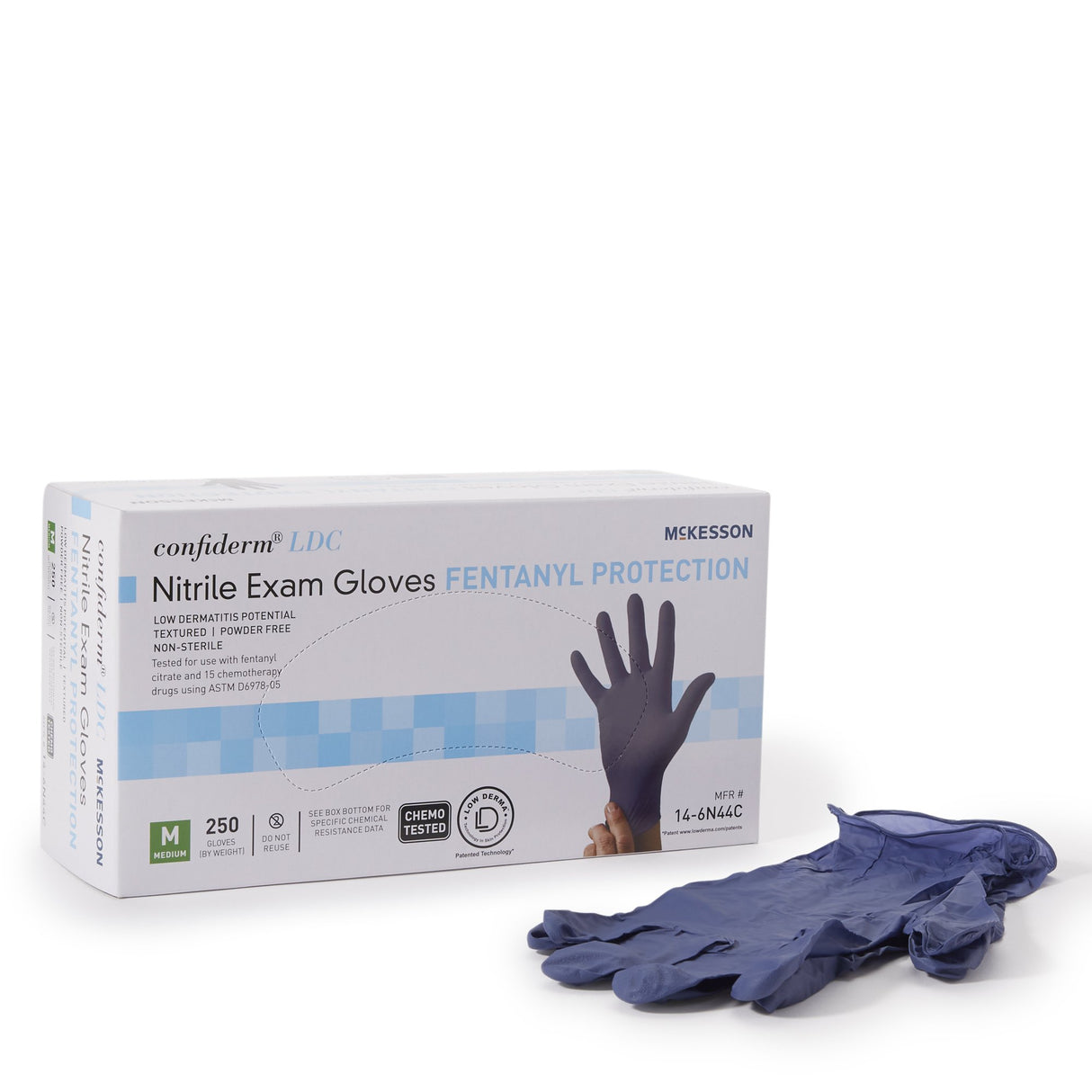 Exam Glove McKesson Confiderm LDC Medium NonSterile Nitrile Standard Cuff Length Fully Textured Blue Chemo Tested / Fentanyl Tested