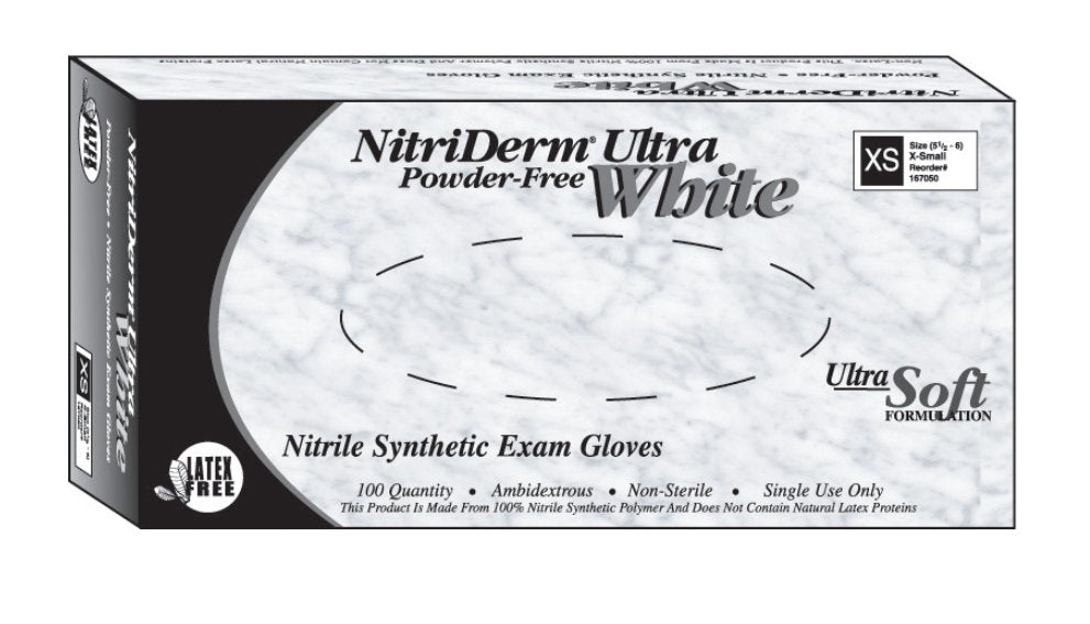 Exam Glove NitriDerm Ultra White Large NonSterile Nitrile Standard Cuff Length Fully Textured White Not Rated