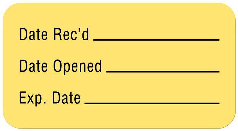 Pre-Printed / Write On Label Auxiliary Label Yellow Paper Date Rec'D __________ / Date Opened __________ / Exp. Date __________ Quality Control Label 7/8 X 1-5/8 Inch