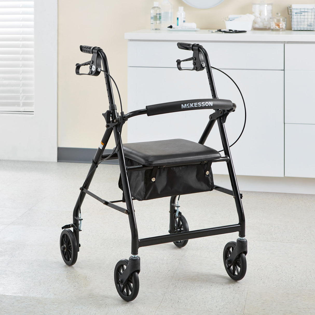 4 Wheel Rollator McKesson Black Adjustable Height / Folding Aluminum Frame