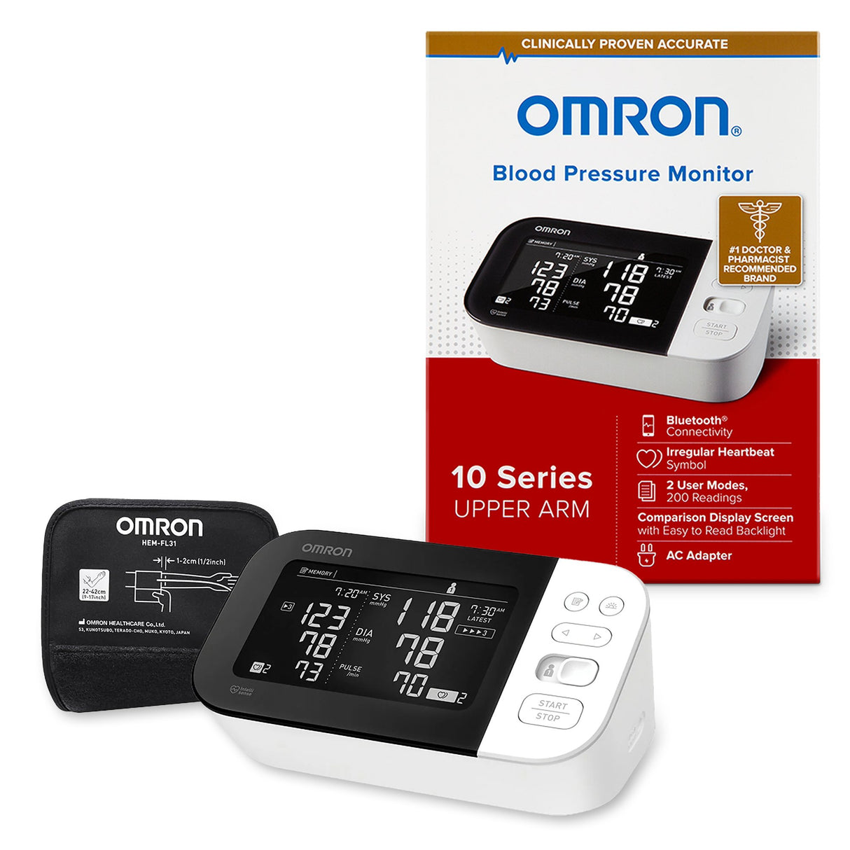 Home Automatic Digital Blood Pressure Monitor Omron 10 Series Wide Range Cloth Fabric Cuff 23 - 43 cm Desk Model