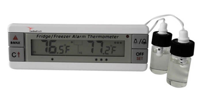 Digital Refrigerator / Freezer Thermometer with Alarm Cardinal Health Fahrenheit / Celsius -40 to +158F (-40 to +70C) 2 Bottle Probes Flip-out Stand / Wall Mount Battery Operated