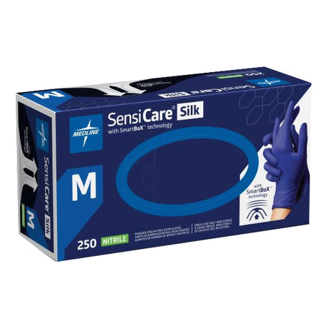 Exam Glove SensiCare Silk Medium NonSterile Nitrile Textured Fingertips Dark Blue Chemo Tested