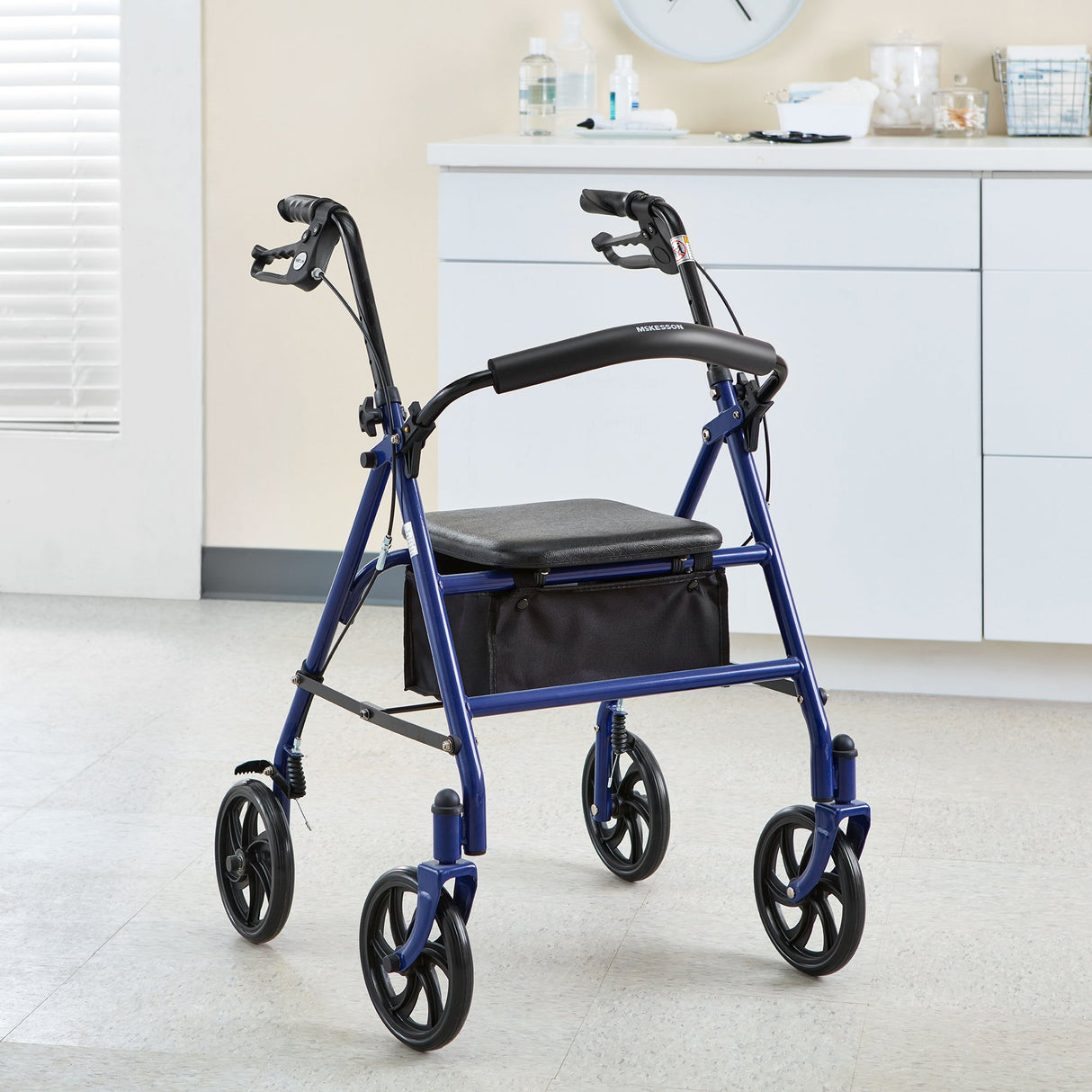 4 Wheel Rollator McKesson Blue Adjustable Height / Folding Steel Frame
