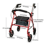 4 Wheel Rollator McKesson Red Adjustable Height / Folding Steel Frame
