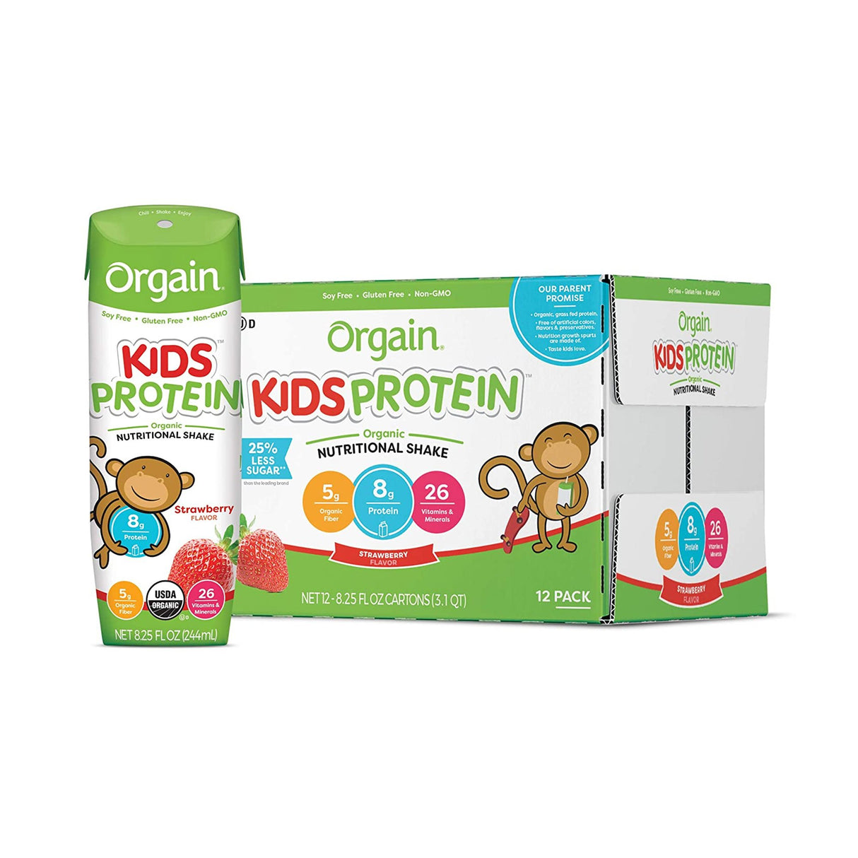 Pediatric Oral Supplement Orgain Kids Protein Organic Nutritional Shake Strawberry Flavor 8.25 oz. Carton Liquid Organic