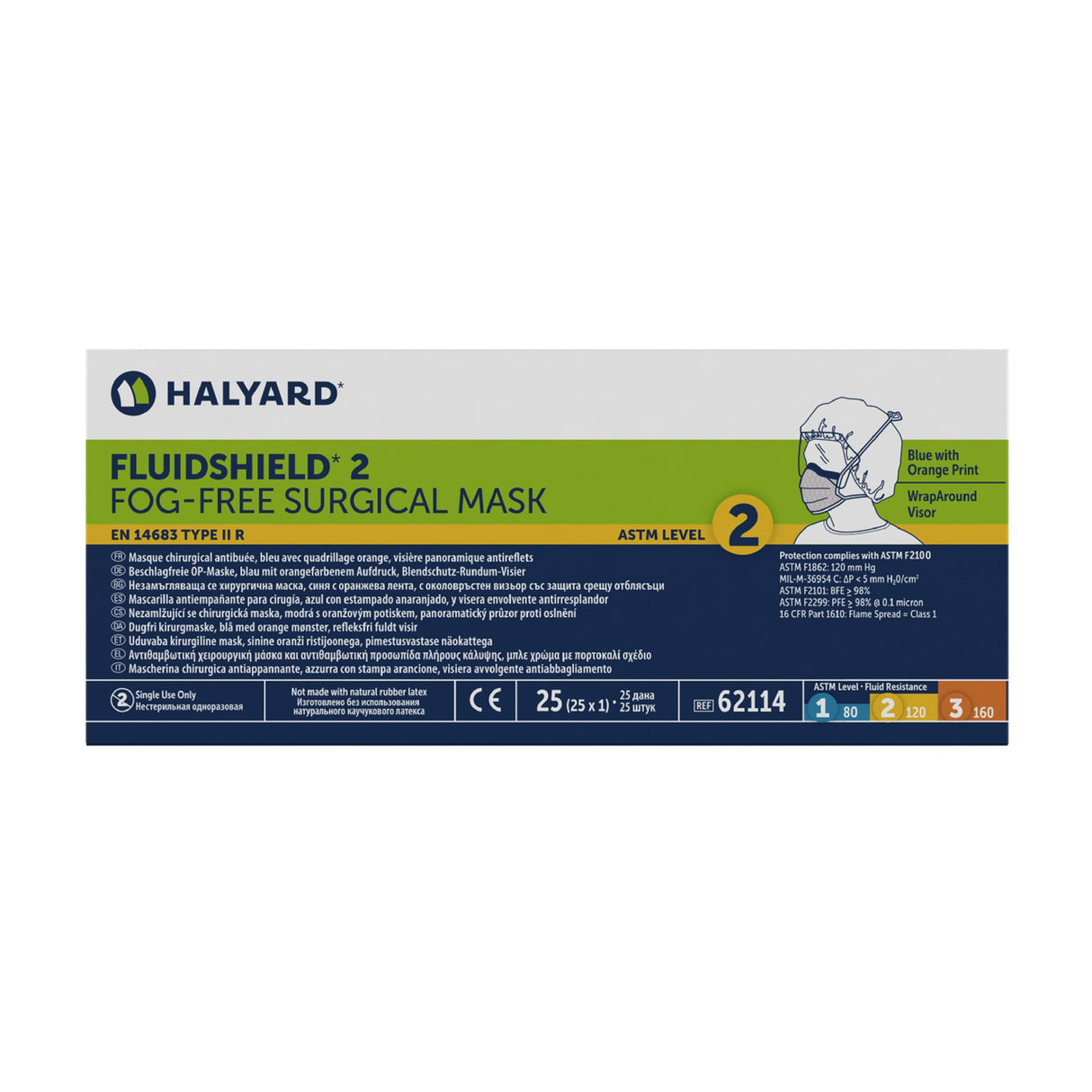 Surgical Mask with Eye Shield FluidShield Anti-fog Foam ASTM F2100-11 Level 2 Tie Closure One Size Fits Most